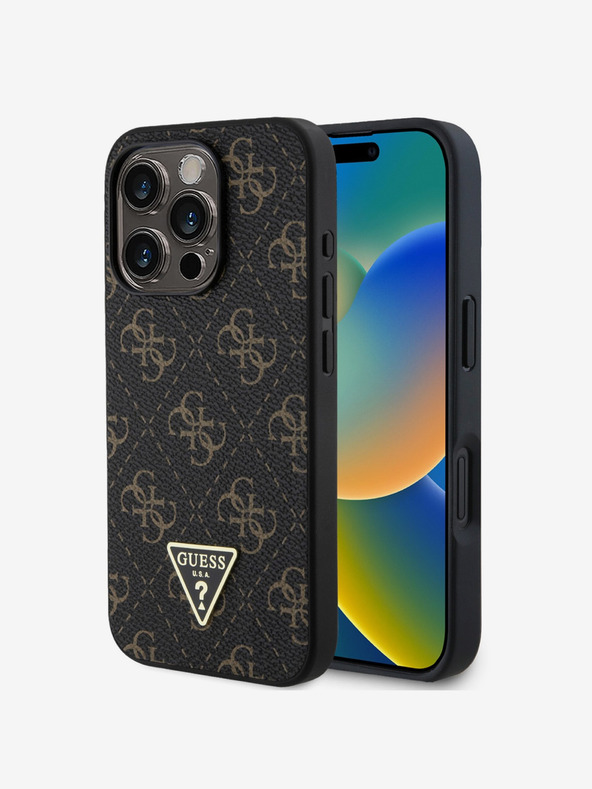Guess Guess PU kožený zadný kryt 4G Triangle Metal Logo pre iPhone 16 Pro Max Black