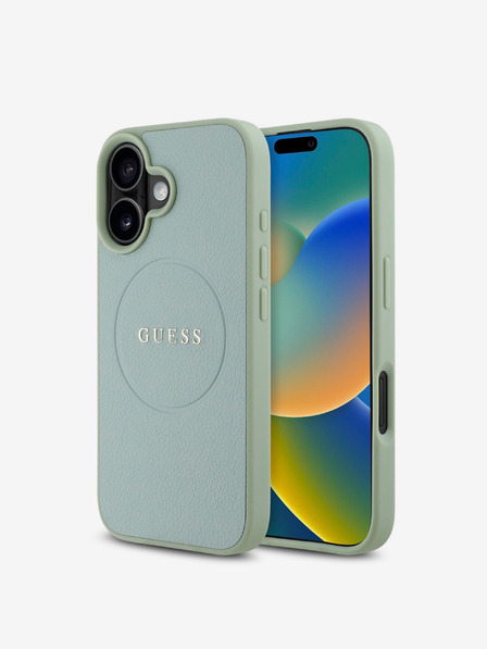 Guess Guess PU zrnitý klasický kryt MagSafe s logom pre iPhone 16 zelený