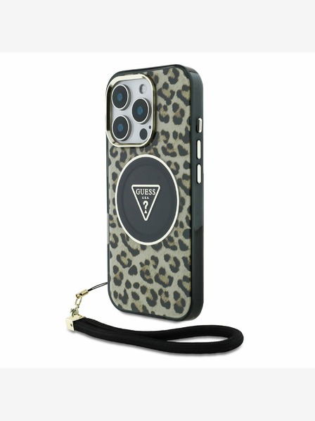Guess Guess IML Leopard Triangle Logo Strap MagSafe zadný kryt pre iPhone 16 Pro hnedý