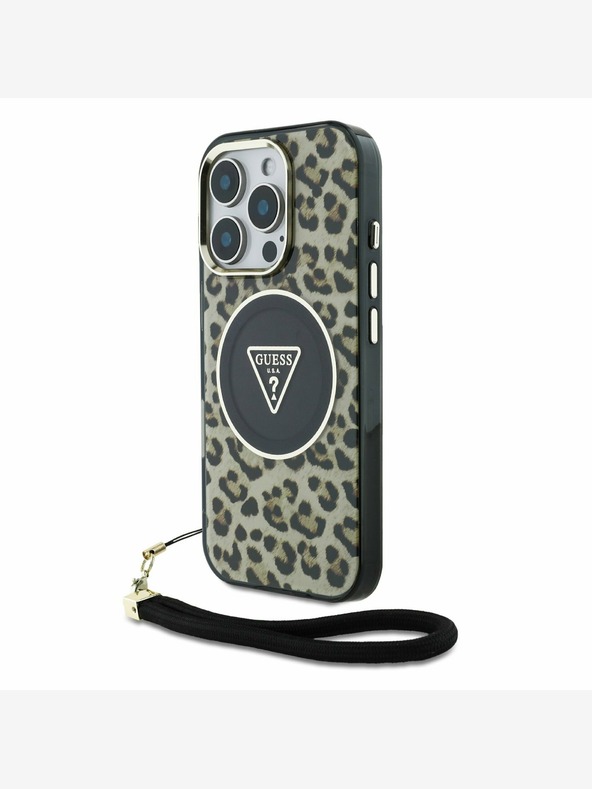 Guess Guess IML Leopard Triangle Logo Strap MagSafe zadný kryt pre iPhone 16 Pro hnedý