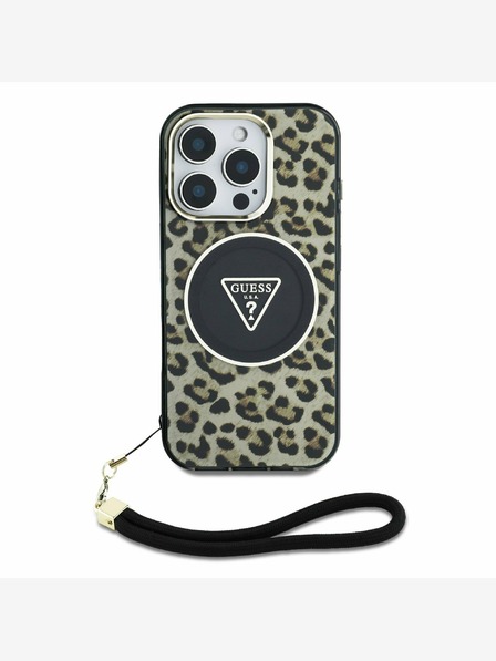 Guess Guess IML Leopard Triangle Logo Strap MagSafe zadný kryt pre iPhone 16 Pro hnedý