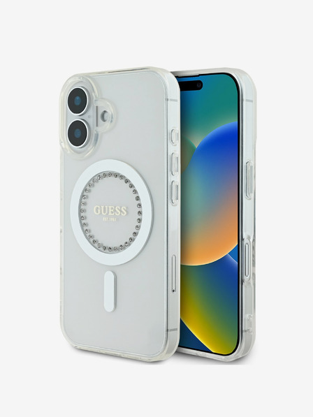 Guess Guess IML Ring MagSafe zadný kryt s kamienkami pre iPhone 16 White
