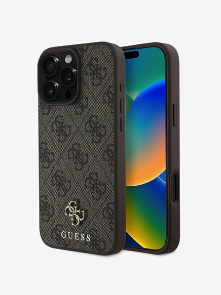 Guess Guess PU 4G Malý zadný kryt s kovovým logom MagSafe pre iPhone 16 Pro Max Brown