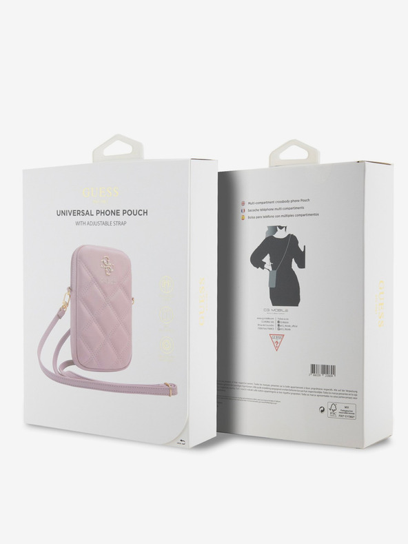 Guess Guess PU prešívaná taška na telefón 4G s kovovým logom a zipsom ružová