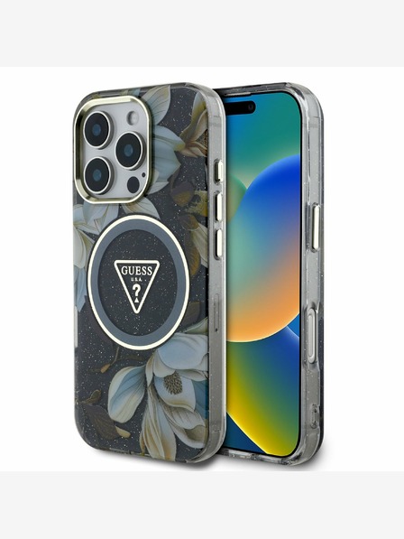 Guess Guess IML lesklý zadný kryt Magnolia a trojuholníkové logo MagSafe pre iPhone 16 Pro Max čierny