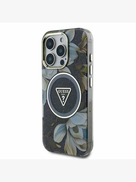 Guess Guess IML lesklý zadný kryt Magnolia a trojuholníkové logo MagSafe pre iPhone 16 Pro Max čierny