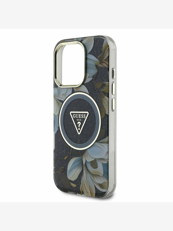 Guess Guess IML lesklý zadný kryt Magnolia a trojuholníkové logo MagSafe pre iPhone 16 Pro Max čierny