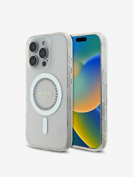 Guess Guess IML Prsteň s kamienkami MagSafe zadný kryt pre iPhone 16 Pro biely