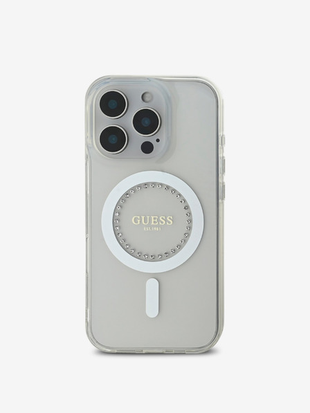 Guess Guess IML Prsteň s kamienkami MagSafe zadný kryt pre iPhone 16 Pro biely