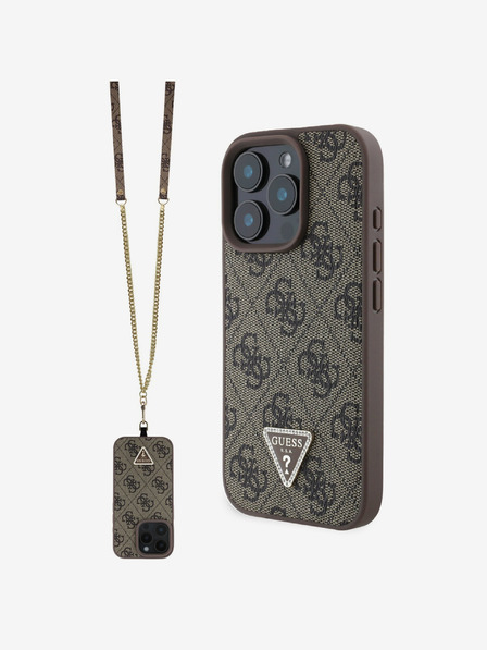 Guess PU 4G Strass Triangle Metal Logo Zadní Kryt + Crossbody Popruh pro iPhone 16 Pro Max Brown Obal na telefón