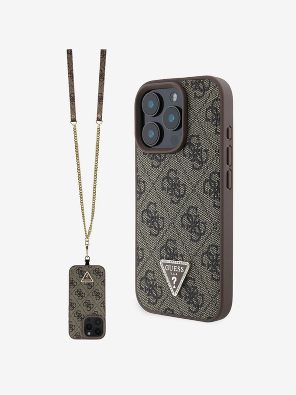 Guess PU 4G Strass Triangle Metal Logo Zadní Kryt + Crossbody Popruh pro iPhone 16 Pro Max Brown Obal na telefón