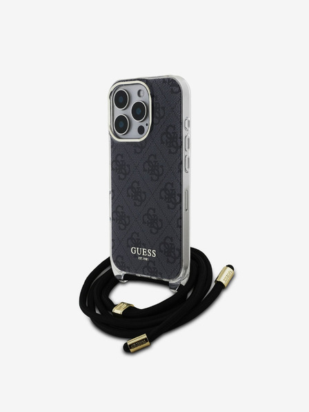Guess Guess IML 4G Zadný kryt s potlačou krížového popruhu pre iPhone 16 Pro čierny