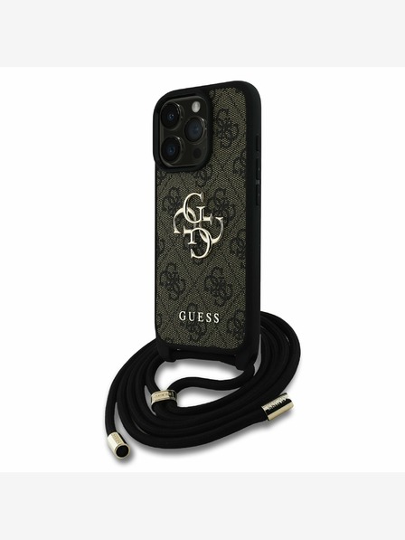 Guess Guess PU PU 4G Kovové logo Crossbody Strap Zadný kryt pre iPhone 16 Pro hnedý