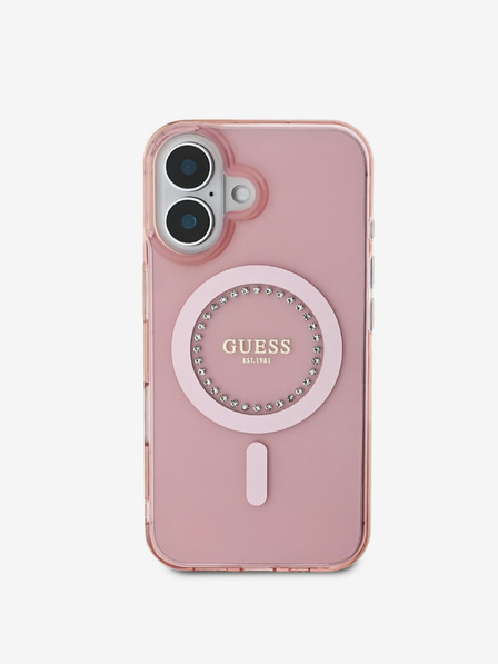 Guess Guess IML Prsteň s kamienkami MagSafe Zadný kryt pre iPhone 16 Ružový