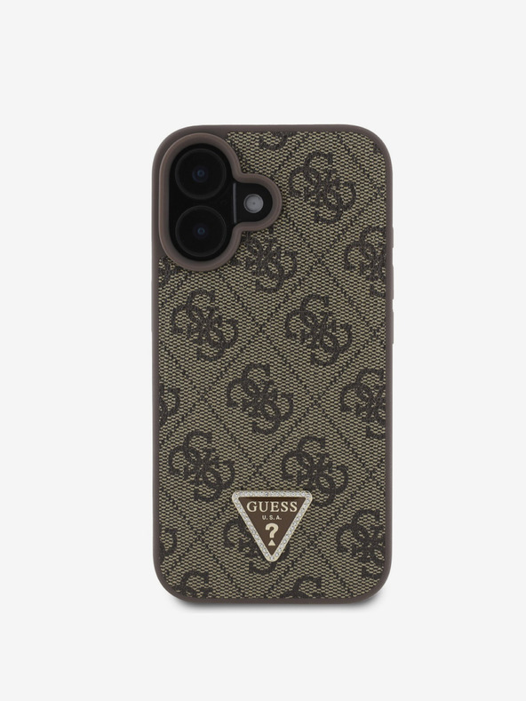 Guess Guess PU 4G štrasový zadný kryt s kovovým logom v tvare trojuholníka + crossbody popruh pre iPhone 16 hnedý
