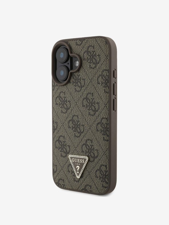 Guess Guess PU 4G štrasový zadný kryt s kovovým logom v tvare trojuholníka + crossbody popruh pre iPhone 16 hnedý