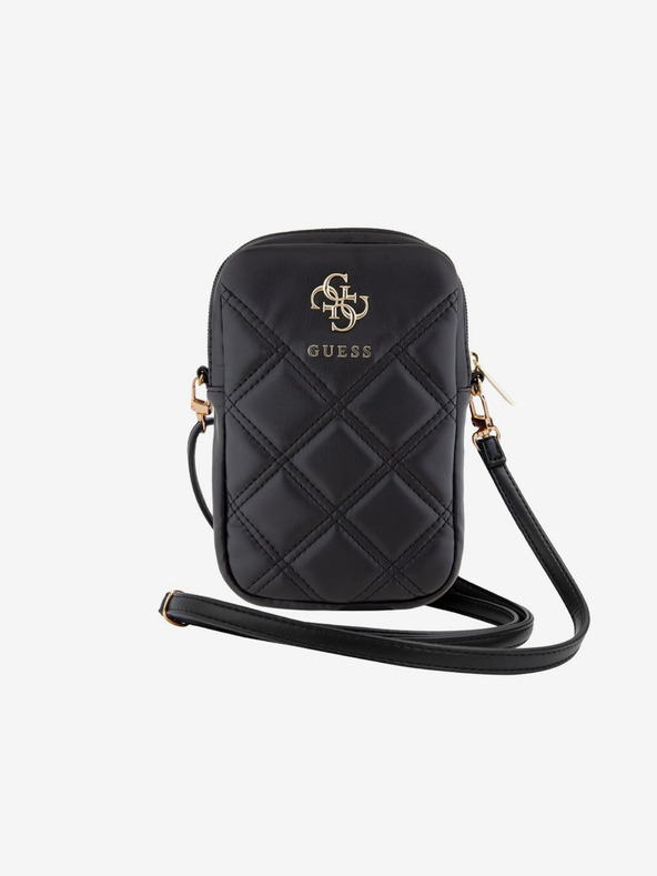 Guess Guess PU prešívaná taška na telefón s kovovým logom 4G so zipsom čierna