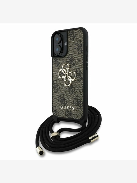 Guess Guess PU 4G kovové logo s popruhom na kríženie zadný kryt pre iPhone 16 hnedý