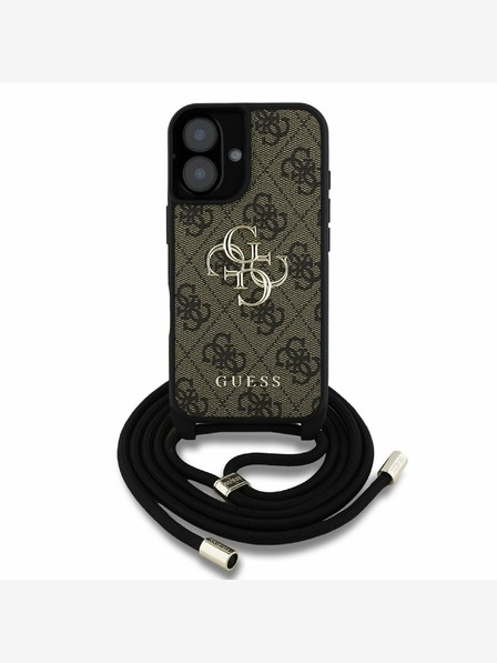 Guess Guess PU 4G kovové logo s popruhom na kríženie zadný kryt pre iPhone 16 hnedý