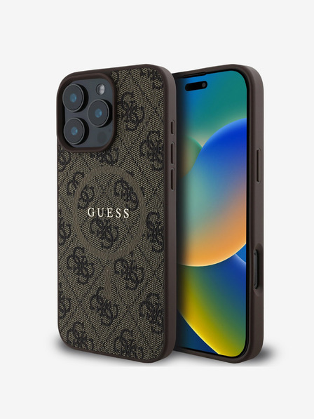 Guess Guess PU kožený farebný prsteň 4G MagSafe zadný kryt pre iPhone 16 Pro hnedý