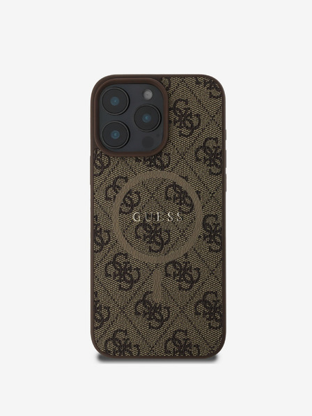 Guess Guess PU kožený farebný prsteň 4G MagSafe zadný kryt pre iPhone 16 Pro hnedý