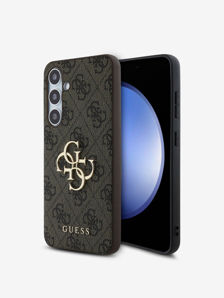 Guess Guess PU 4G kovový zadný kryt s logom pre Samsung Galaxy S24 FE hnedý