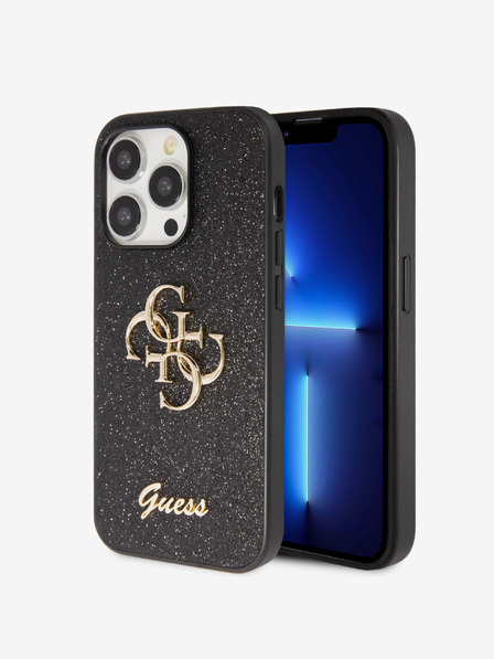Guess Guess PU pevný zadný kryt 4G s kovovým logom a trblietkami pre iPhone 15 Pro Max čierny