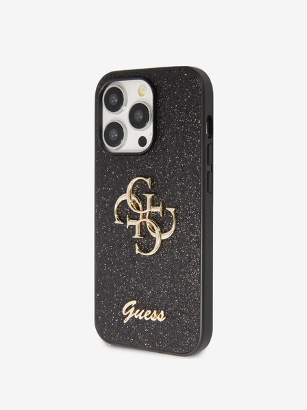 Guess Guess PU pevný zadný kryt 4G s kovovým logom a trblietkami pre iPhone 15 Pro Max čierny