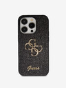 Guess Guess PU pevný zadný kryt 4G s kovovým logom a trblietkami pre iPhone 15 Pro Max čierny