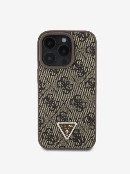 Guess Guess PU 4G štrasové trojuholníkové kovové logo zadný kryt pre iPhone 16 Pro hnedý