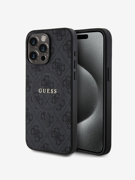 Guess Guess PU kožený 4G farebný prsteň MagSafe zadný kryt pre iPhone 15 Pro Max čierny