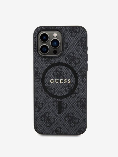 Guess Guess PU kožený 4G farebný prsteň MagSafe zadný kryt pre iPhone 15 Pro Max čierny