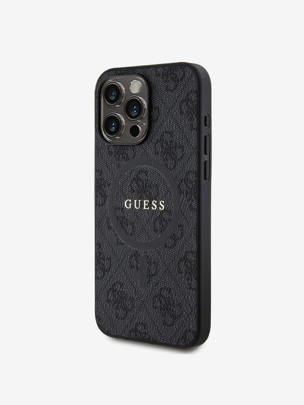 Guess Guess PU kožený 4G farebný prsteň MagSafe zadný kryt pre iPhone 15 Pro Max čierny