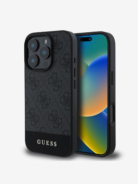 Guess Guess PU 4G zadný kryt s prúžkom pre iPhone 16 Pro Max sivý