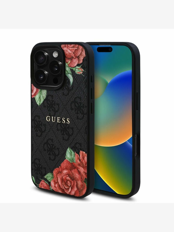 Guess Guess PU kožený zadný kryt 4G Roses MagSafe pre iPhone 16 Pro Max čierny