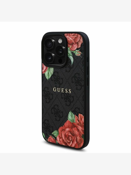 Guess Guess PU kožený zadný kryt 4G Roses MagSafe pre iPhone 16 Pro Max čierny