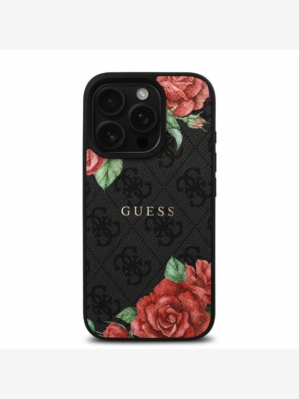 Guess Guess PU kožený zadný kryt 4G Roses MagSafe pre iPhone 16 Pro Max čierny