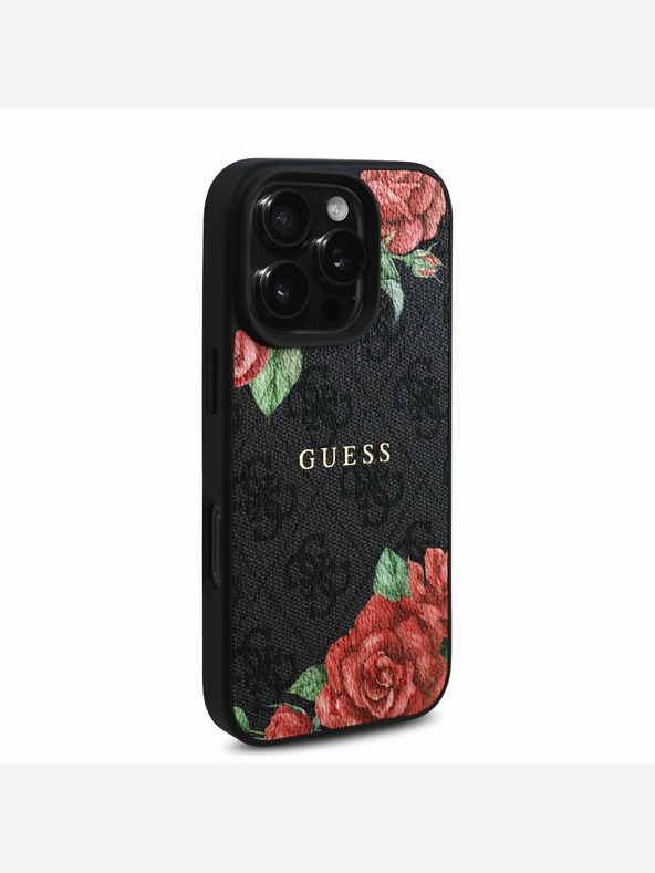 Guess Guess PU kožený zadný kryt 4G Roses MagSafe pre iPhone 16 Pro Max čierny