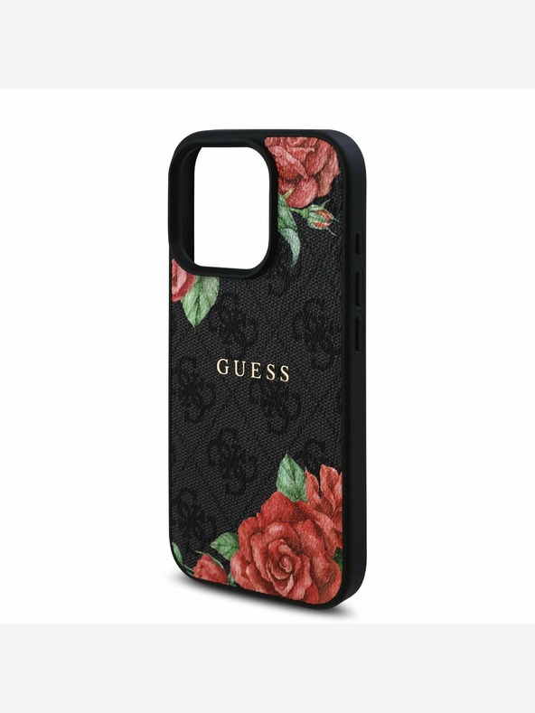 Guess Guess PU kožený zadný kryt 4G Roses MagSafe pre iPhone 16 Pro Max čierny