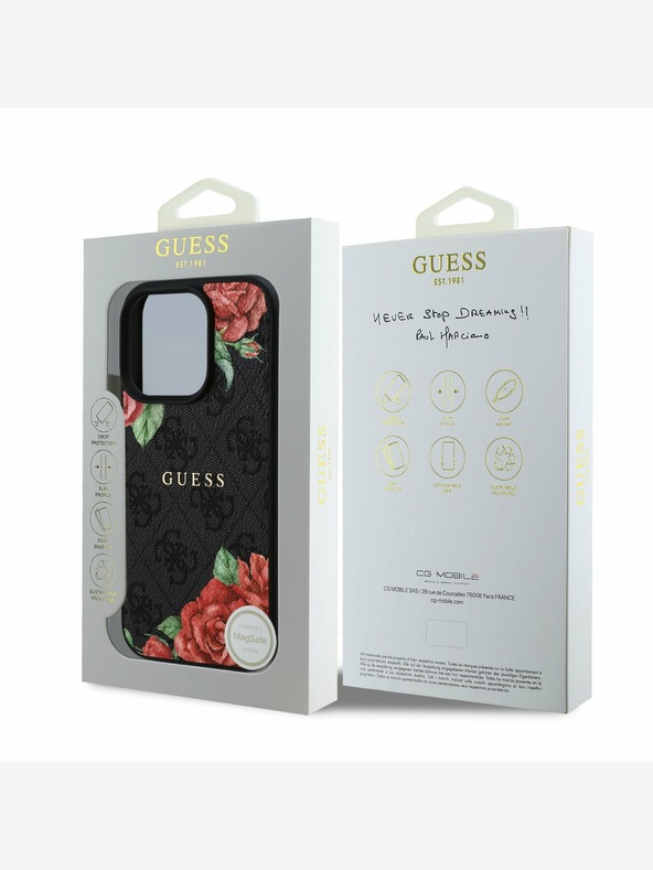 Guess Guess PU kožený zadný kryt 4G Roses MagSafe pre iPhone 16 Pro Max čierny