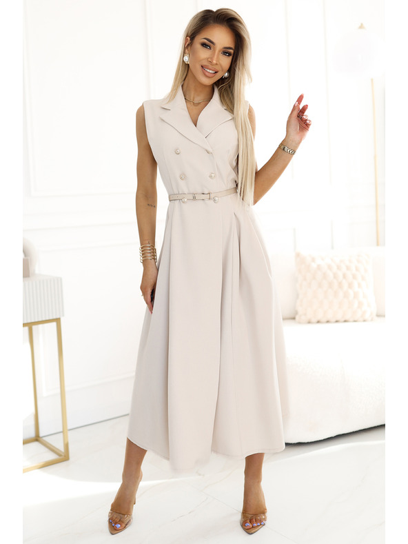 numoco Elegantné midi košeľové šaty so zlatými gombíkmi a opaskom - béžové Numoco