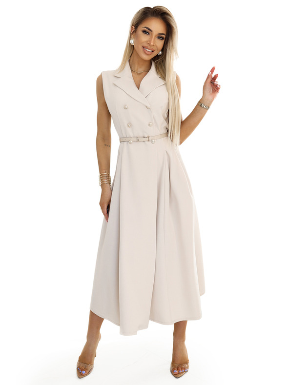 numoco Elegantné midi košeľové šaty so zlatými gombíkmi a opaskom - béžové Numoco