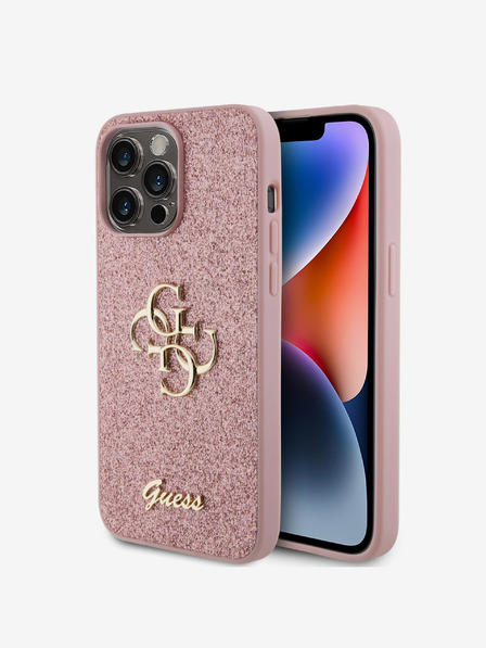 Guess Guess PU Pevný zadný kryt s kovovým logom 4G s trblietkami pre iPhone 15 Pro Max Ružový