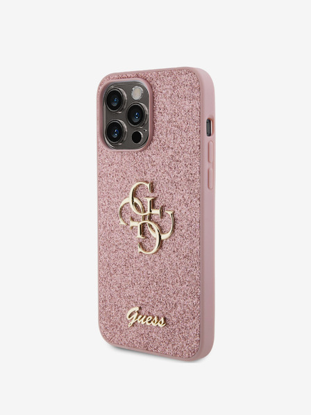 Guess Guess PU Pevný zadný kryt s kovovým logom 4G s trblietkami pre iPhone 15 Pro Max Ružový