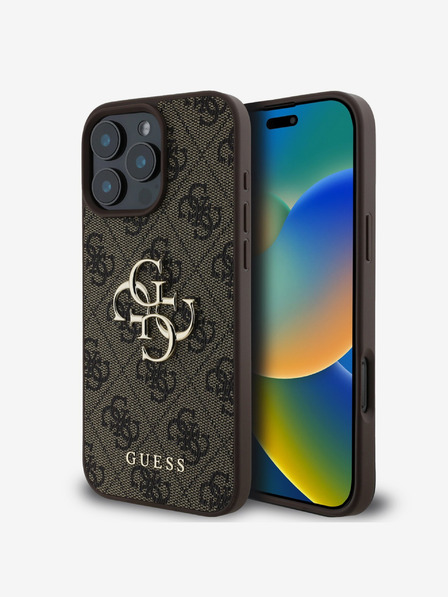 Guess Guess PU 4G zadný kryt s kovovým logom pre iPhone 16 Pro Max hnedý