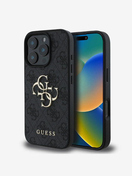 Guess Guess PU 4G zadný kryt s kovovým logom pre iPhone 16 Pro sivý