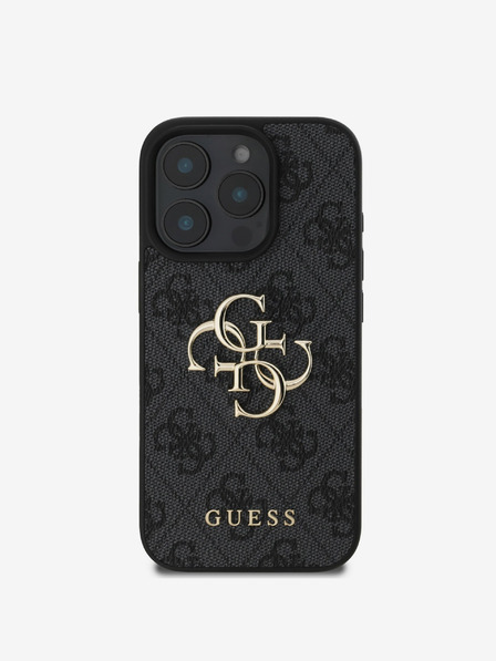 Guess Guess PU 4G zadný kryt s kovovým logom pre iPhone 16 Pro sivý