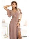numoco Numoco Lesklé dlhé šaty s rukávmi a výstrihom - moka pena s trblietkami