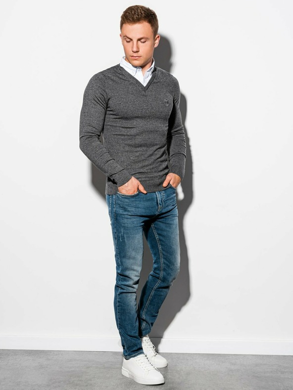 Ombre Clothing Šedý pánsky žíhaný sveter s košeľovou vsadkou E120