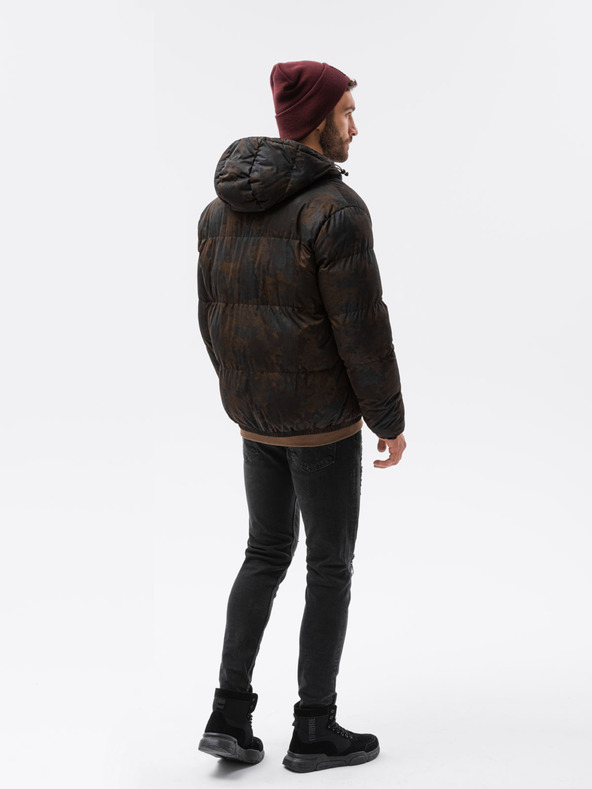 Ombre Clothing Hnedočierna pánska vzorovaná prešívaná zimná bunda C529